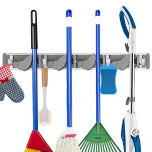 Mop Broom Holder Wall Mount Broom Organizer and Storage Rooms Garage Garden Kitchen Tool Clean Tools Organizer Wall Hanger Easy Install for Home Goods (4 Auto Adjustable Slots & 4 Hooks, Gray)