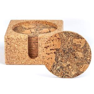 Natural Cork Coasters for Drinks – 10 Absorbent Drink Coasters with Matching Cork Holder That Doubles as a Bottle Coaster to Protect Tables and Countertops