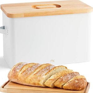 Extra Large Bread Box White – Modern Farmhouse Bread Box with Cutting Board Lid, Metal Bread Boxes for Kitchen Counter, Big Bread Box Holds 2+ Loaves, Air Vents to Keep Bread Fresh, Bread Holder
