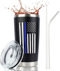 JENVIO Thin Blue Line Police Tumbler | Retirement Christmas Gifts Travel Mug w Lid for Coffee Cup/Cold Drinks | Back The Blue | Gear Correctional for Him | Cops Officer (20 Ounce)