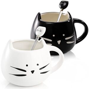 ZEAYEA Set of 2 Cat Coffee Mug, 12 oz Ceramic Cute Tea Milk Cup with Spoon for Women Girls Cat Lovers, Kitty Couple Mugs Best Gift for Christmas, Birthday, Anniversary, White and Black