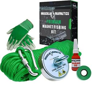 625lb Fishing Magnet Bundle Pack – Includes 6mm 100ft High Strength Nylon Rope with Carabiner, Non-Slip Rubber Gloves, Threadlocker & Super Strong Pulling Force Rare (Complete Kit)