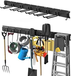 Tool Storage Rack Organizer Holder Garage Wall-Mounted Rack and Home Storage System With Non-Slip 9 Hooks Heavy-Duty Design, Max 550 lbs Garden Tool Hanger Rack Steel Gear Hanger (Black)