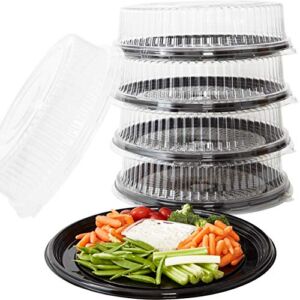 Heavy Duty, Recyclable 16 In. Serving Tray and Lid 5pk. Large, Black Plastic Party Platters with Clear Lids. Elegant Round Banquet or Catering Trays for Serving Appetizers, Sandwich and Veggie Plates