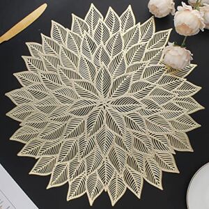 Mabbcoo Placemats Set of 6, Round Hollow Out Flowers Place Mats for Dining Table Pressed Vinyl Blooming Leaf Table Mats for Holiday Party Wedding Accent Centerpiece Dinner Table Decoration (Gold)