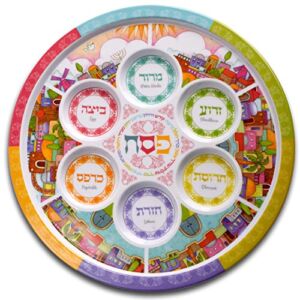 Ner Mitzvah Seder Plate for Passover – Melamine 12″ Passover Seder Plate – Multicolored Jerusalem Passover Plate