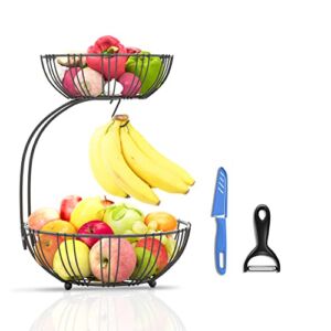 RICCLE Fruit Basket For Kitchen Counter – 2 Tier Fruit Basket With Banana Hanger – Double Layer Metal Wire Fruit Bowl For Kitchen Countertop – Two Tiered Fruit Holder For Produce, Vegetables, Kitchen