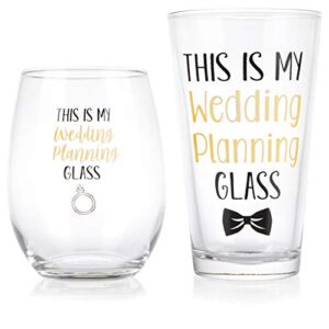 This Is My Wedding Planning Glass Set – Engagement Gift Set for the Couple – Mr & Mrs Gift – Bride and Groom To Be – 16 oz. Pint Glass, 21 oz. Wine Glass (Set of 2)