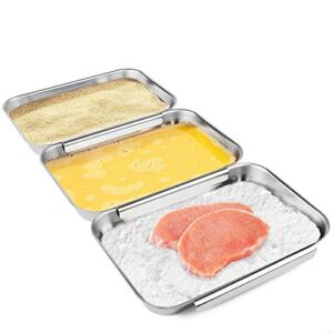 HULISEN Set of 3 Breading Pans, Stainless Steel Breading Set for Marinating Meat, Chicken, Fish, Food Prep Trays, Coating Trays Can Be Used to Baking Cake, Oven Safe