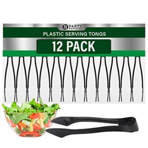PARTY BARGAINS 8.5 Inches Plastic Serving Tongs, 12 Pack, Premium Quality & Heavy-Duty Black Plastic Tongs for BBQ, Salads, Grilling, Buffets, & Kitchen