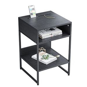 CubiCubi Side Table with Storage Compartment, Small End Table, Rustic File Cabinet, Cable Management, NIghtstand Living Room Bedroom, Black