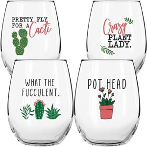Succulent Plant Cactus Wine Gifts for Women- Set of 4 Funny Wine Glasses 15oz – Plant Lover Gift Mug – What the Fucculent- Crazy Plant Lady Glass Tumbler – Stemless Glasses Housewarming Gift