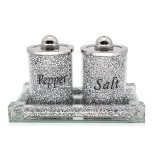 Handmade Silver 3pcs Set of Salt and Pepper Shakers With Tray Pots Jar Canister Storage, Container Glass Body Filled with Bling Sparkly Crystal Crushed Diamonds For Kitchen Home Decor Gift