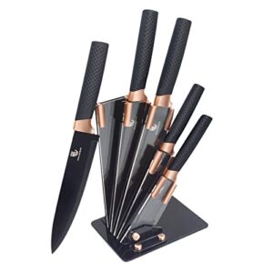 ZHUJIABAO Black Kitchen Knife Block Set with Acrylic Stand 6PCS Professional Stainless Steel Chef Knife Set with Nonstick Coating and Ultra Sharp Edge Cutlery Knife Block Set as Gift for Man and Woman