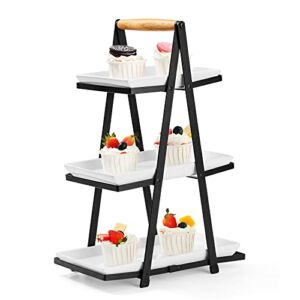 Yedio 3 Tier Serving Tray, Porcelain Three Tiered Serving Trays Platters for Cake Dessert Fruit Appetizers Cupcake, Foldable Ceramic Serving Stand for Party Entertaining Food Display, Dishwasher Safe