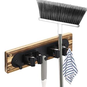 MyGift Wall Mounted Rustic Burnt Wood and Metal Broom and Mop Holder, Cleaning Tool Storage Closet Rack with Clips and Hooks for Garage, Garden Tools and Closet Organizer