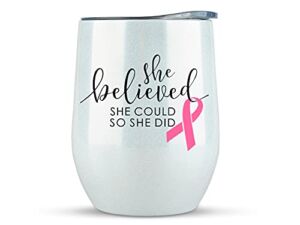 KLUBI Breast Cancer Awareness Gift Large 12oz GLITTER White Tumbler for Wine or Coffee- Idea for Women, Post Surgery, Survivor, Chemo, Glass, Care Packages, Baskets, Chemotherapy Patients