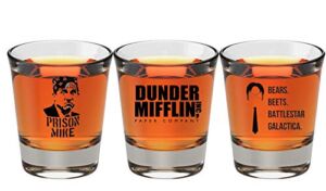 The Office Merchandise Shot Glass Gift Set – Prison Mike, Dunder Mifflin, & Bears Beets Battlestar Galactica – The Office Gifts for Men and Women