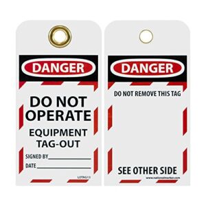 NMC LOTAG13 DANGER DO NOT OPERATE EQUIPMENT TAG-OUT Tag – [Pack of 10] 3 in. x 6 in. Vinyl 2 Side Danger Tag with White/Black Text on Red/White Base
