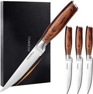 Steak Knives, PICKWILL Steak Knives Set of 4, Serrated Steak Knife Set with High Carbon German Stainless Steel Full-tang Pakkawood Handle, 4.5 Inch Steak Knives with Gift Box for Cutting Steak