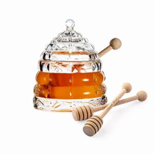 M&N Home Beehive Crystal Honey Dish and 3 Dippers, Honey Jar and Dipper Set, Large Glass Jar Honey Pot with Lid and Inscribed Wooden Honey Dippers, Glass Honey Dispenser Thank You Gift, Christmas Gift