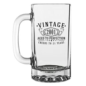 Vintage 2001 Printed 16oz Glass Beer Mug – 21st Birthday Aged to Perfection – 21 years old gifts