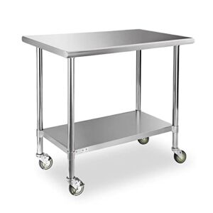 STABLEINK NSF Stainless Steel Table, 24 x 30 Inches Metal Prep & Work Table with 4 Caster Wheels and Adjustable Undershelf, for Commercial Kitchen, Restaurant, Hotel and Garage