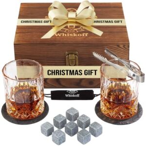 𝗕𝗘𝗦𝗧 𝗚𝗜𝗙𝗧: Gifts for Men Dad – Whiskey Glass Set of 2 – Mens Gifts for Christmas – Bourbon Whiskey Stones Wood Box Gift Set – Includes Crystal Whisky Glasses, Rocks for Scotch Wisky Burbon
