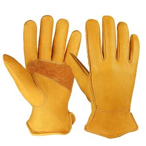 OZERO Flex Grip Leather Work Gloves Stretchable Wrist Tough Cowhide Working Glove 1 Pair (Gold, Medium)