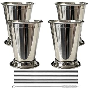 Mint Julep Cups Set of 4 with Straws – Stainless Steel Mint Julep Cup – Mint Julep Glasses – Mint Julep Set – 12oz Commercial Grade