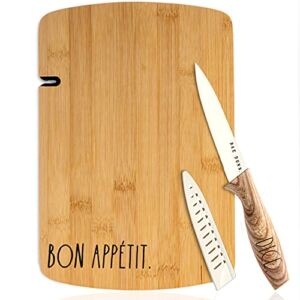 3 Piece “Bon Appetit” Bamboo Cutting Board and Knife Set – Chopping Board, Mini Charcuterie Board for Meat, Fruit and Cheese Board by – (White)