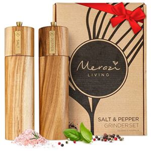 Wooden Salt and Pepper Grinder Set, Sustainable Acacia Wood, 8″ – Elegant Pepper and Salt Grinder Set for Seasoning, Cooking, Dining – Perfect Salt and Pepper Mill, Salt and Pepper Grinders Refillable