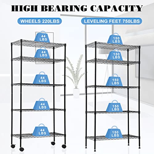 Dlewmsyic Wire Shelving with Wheels, 5 Layer 750 Lbs Capacity 60″ Hx30 Lx14 W Metal Storage Shelf, Black | The Storepaperoomates Retail Market - Fast Affordable Shopping