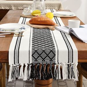 Wracra Boho Woven Table Runner 14 x 72 inches Black and White Rustic Table Runners Modern Farmhouse Style Vintage Rustic Table Runner with Tassels for Dresser Bridal Shower Home Dining Table Decor