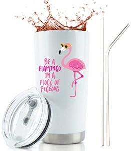 JENVIO Flamingo Christmas Gifts for Women | Large 20 Ounce White Wine/Coffee Stainless Steel Tumbler/Mug with Lid | Unique Inspirational Encouragement Pink Design Funny Cup