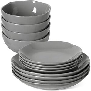 LE TAUCI Dinnerware Sets 12 Piece, Serve for 4, Ceramic Plates and Bowls Set (10″ Dinner Plates + 8″ Salad Dish + 22 oz Bowl) x 4, House Warming Wedding Gift, Dishwasher Microwave Oven safe – Grey