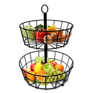 Trpsea 2 Tier Basket Black | 2-Tier Fruit Basket Stand for Storing & Organizers, Decorations, and More | Small Upper and Large Lower Baskets Storage for Countertop, Detachable Fruit Stand