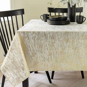Benson Mills Metals Metallic Foil Printed Fabric Table Cloth, Holiday, Winter, and Christmas Tablecloth (60″ x 144″ Rectangular, Ivory-Gold)