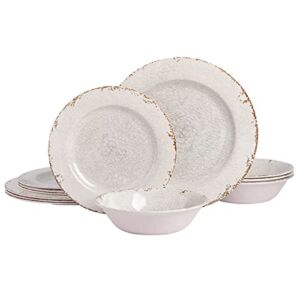 Laurie Gates by Gibson Mauna Melamine Dinnerware Set, Service for 4 (12pcs), Ice Rustic