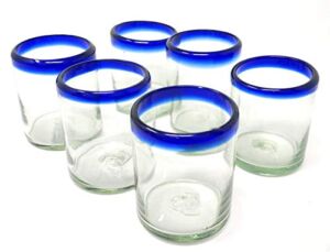 Hand Blown Mexican Drinking Glasses – Set of 6 Tumbler Glasses with Cobalt Blue Rims (10 oz each)