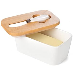 WEFOO Large Butter Dish 22 oz (650ml), Airtight Butter Keeper Butter Container, Porcelain Butter Keeper Container with Bamboo Lid & Seal Ring