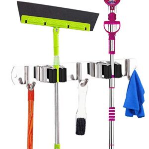 KLJ wall-mounted stainless steel multifunctional hook, can hang brooms, mops, towels, with 2 shelves and 3 hooks, suitable for kitchen, bathroom, garage and outdoor.