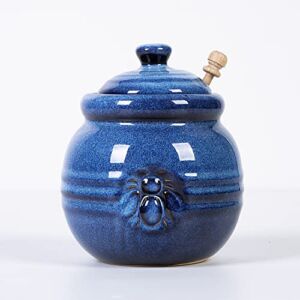 Cutiset Ceramic Honey Pot with Lid and Dipper, 20oz rustic Honey Jar (Blue)