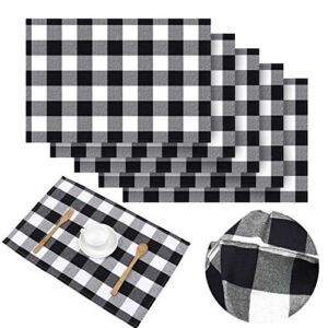 Aneco 6 Pack Buffalo Plaid Placemats Place Mats 13 x 19 Inches Checkered Double Layer Placemats Decorative Kitchen Cotton Table Placemats, Black and White