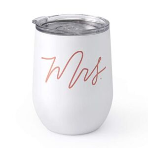 xo, Fetti Mrs Wine Tumbler Gift | Pink + White 12oz Matte Stainless Steel, Bachelorette Party Decorations Cups + Bride Stemless Bridal Shower, Engagement