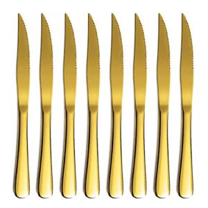 Gold Steak Knife Set, Kyrtaon Golden Serrated Knife, Titanium Gold Plating Stainless Steel Sharp Knives Set, Dinner Knifes Set of 8, Dishwasher Safe Sturdy And Easy To Clean
