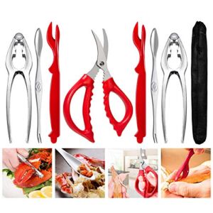 Crab Crackers and Tools, Crab Leg Crackers and Picks Set, Picks Knife for Crab, Shellfish Scissors Nut Cracker, Stainless Steel Seafood Utensils Crackers & Forks Cracker (Red)