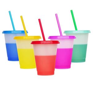 16 oz Color Changing Cups with Lids and Straws Plastic Cups Reusable Tumbler with Lids and Straws,BPA Free Iced Coffee Cups Party Cups Summer Cups for Parties and Gifts,Set of 5