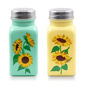 Sunflower Salt and Pepper Shakers Set Farmhouse Cute Modern Farmhouse Kitchen Decor for Home Restaurants Wedding Gorgeous Vintage Yellow Turquoise Glass Shakers with Stainless Steel Lids Gift Ideas