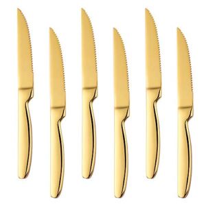 Stainless Steel Serrated Steak Knife Set of 6, BuyGo Gold Color Heavy Duty Dinner Table Knives for Cutting Meat, Beef, 8.6 Inch, Dishwasher Safe